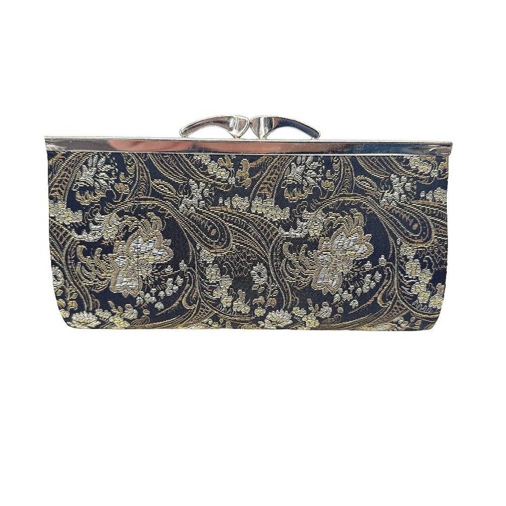 Elegant Vintage Style Kiss Lock Clutch Wallet Floral Paisley Brocade Evening